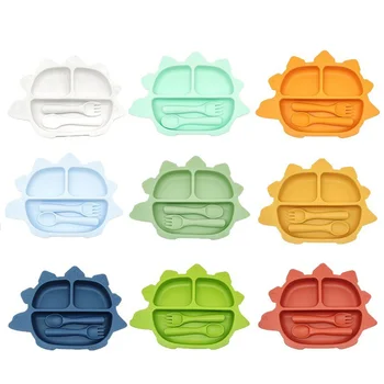 Cute Dinosaur Eco Friendly BPA Free Food Grade Silicone Suction Bowl Baby Feeding Set Spoon...