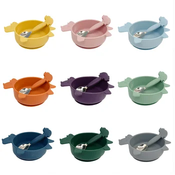 Cute Dinosaur Food Grade Silicone Suction Bowl Baby Feeding Set Spoon Fork Custom Kids...