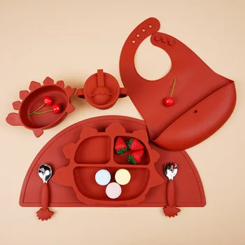 Cute Dinosaur Silicone Divided Suction Plate Baby Feeding Set With Spoon Fork Food Grade...