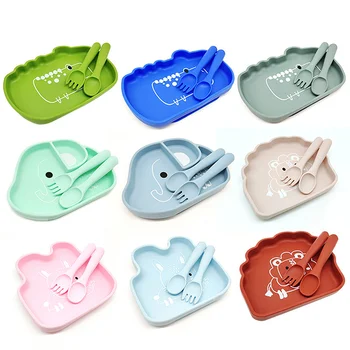 Cartoon Animal Shape Food Grade Silicone Divided Plate Baby Feeding Set Anti Slip Custom...