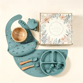Factory Cheap Bpa Free Eco-Friendly Children Baby Eating Wooden Bowl Tableware Silicone...