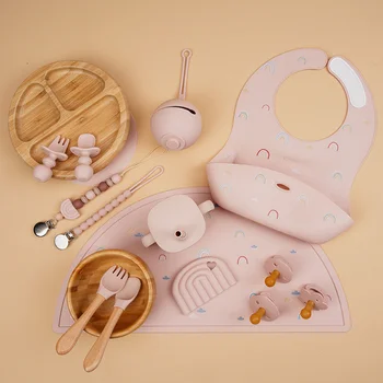 BPA Free Eco Friendly Bamboo Silicone Children Tableware Set Suction Bowl Plate Cutlery Cup...