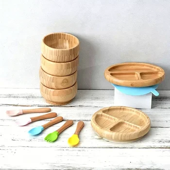 Eco-friendly Organic Bamboo Children Tableware Set Silicone Suction Plate Bowl Spoon Fork...