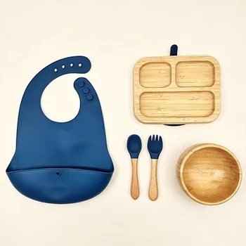 Modern Design Bamboo Children Tableware Set Shatterproof Anti-slip Suction Dinner Plate...