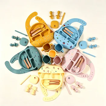 Cute Eco Friendly BPA Free Silicone Baby Feeding Set Nipple Design Suction Plate Bowl Spoon...