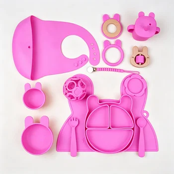 Food Grade BPA Free Animal Shape Silicone Baby Feeding Set Spill Proof Suction Divided...