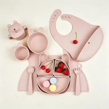 Custom Print Rabbit Animal Shape BPA Free Silicone Baby Feeding Set Suction Bowl Bib Spoon...