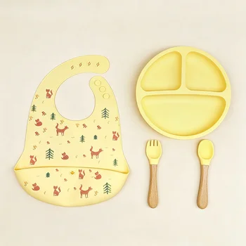 Factory BPA Free Silicone Baby Weaning Feeding Set Anti-slip Divided Plate Spoon Fork Kids...