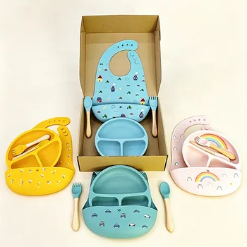 Wholesale Custom Logo Food Grade Silicone Baby Feeding Gift Box Set Suction Bowl Bib Kids...
