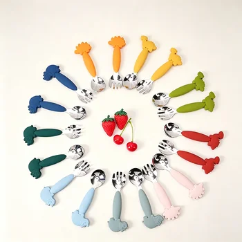 Hot Selling Animal Style Baby Spoon Fork Set Food Grade Silicone Handle Stainless Steel...