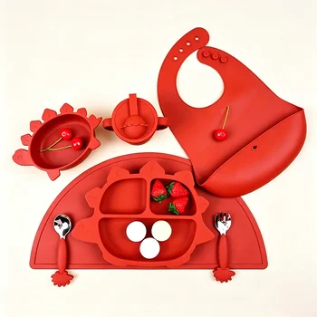 7Pcs Animal Dinosaur Silicone Baby Feeding Set Anti Spill Suction Plate Food Grade...