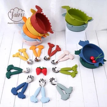 Dinosaur Food Grade BPA Free Silicone Baby Feeding Set Strong Suction Bowl Spoon Fork...