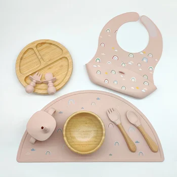 Wholesale Custom Eco Friendly Silicone Bamboo Baby Feeding Set Nonslip Suction Weaning Cup...