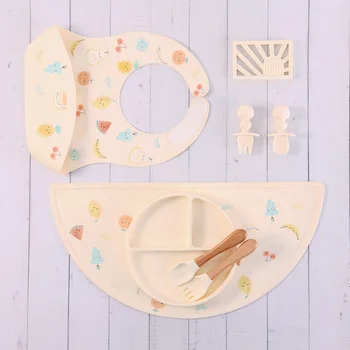 Baby Bamboo Tableware Set Silicone Baby Bibs Bowl Soft Spoon Waterproof Baby Dinnerware...
